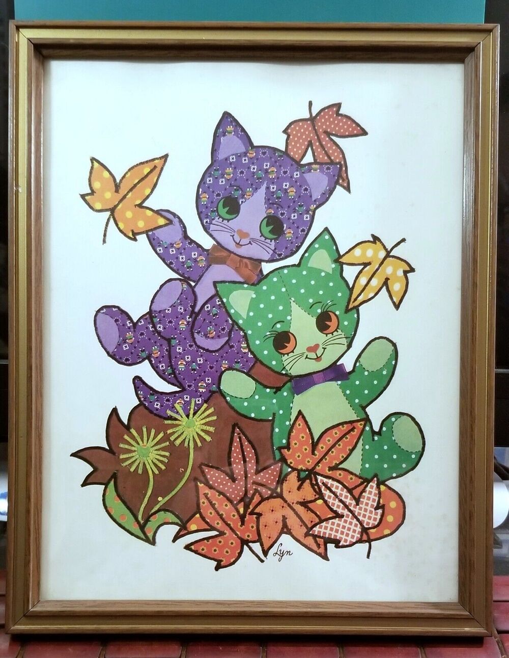 Vintage 1960s Calico Cats Frolicing In Leaves Litho Print by Lyn 14.5"x12"